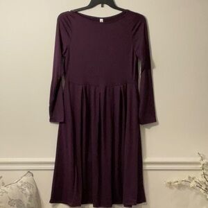 Purple A-Line Long Sleeve Crew Neck Dress